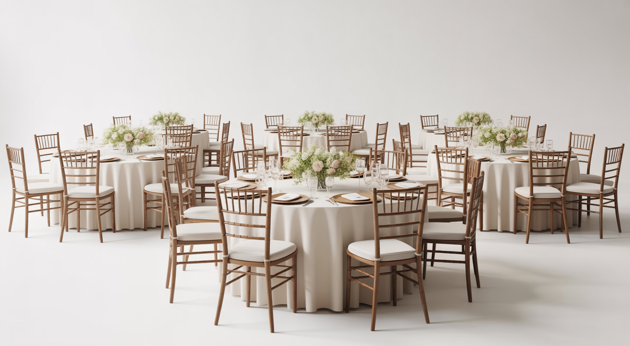 Event rental packages in DC with chairs, tables, and décor neatly arranged for a formal function