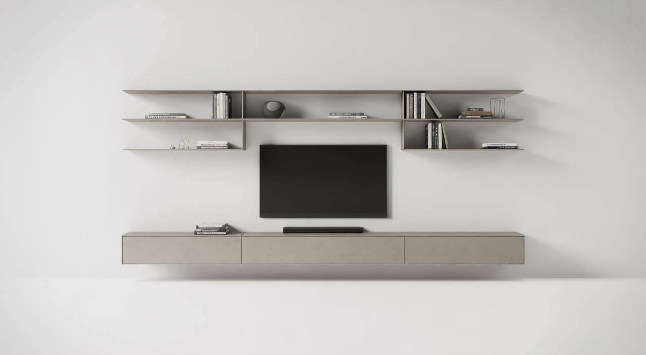 Modern media wall design with integrated TV, storage, and lighting