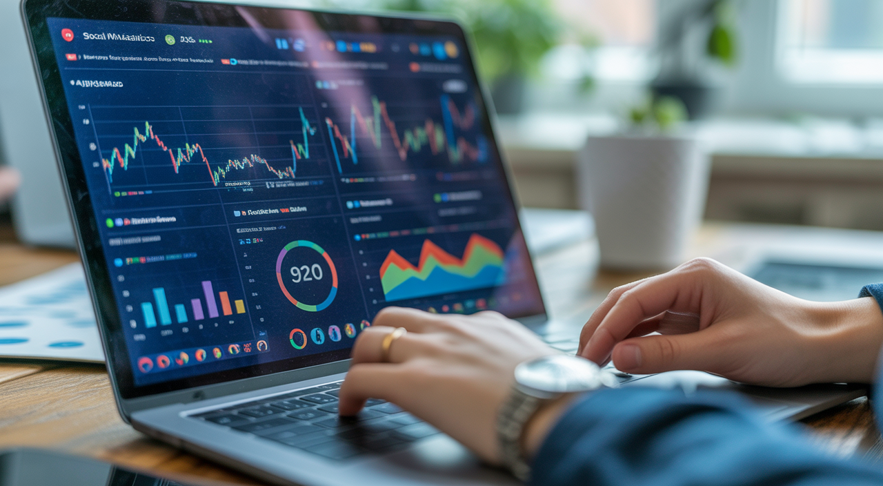 Small business owner reviewing digital marketing performance charts on a laptop