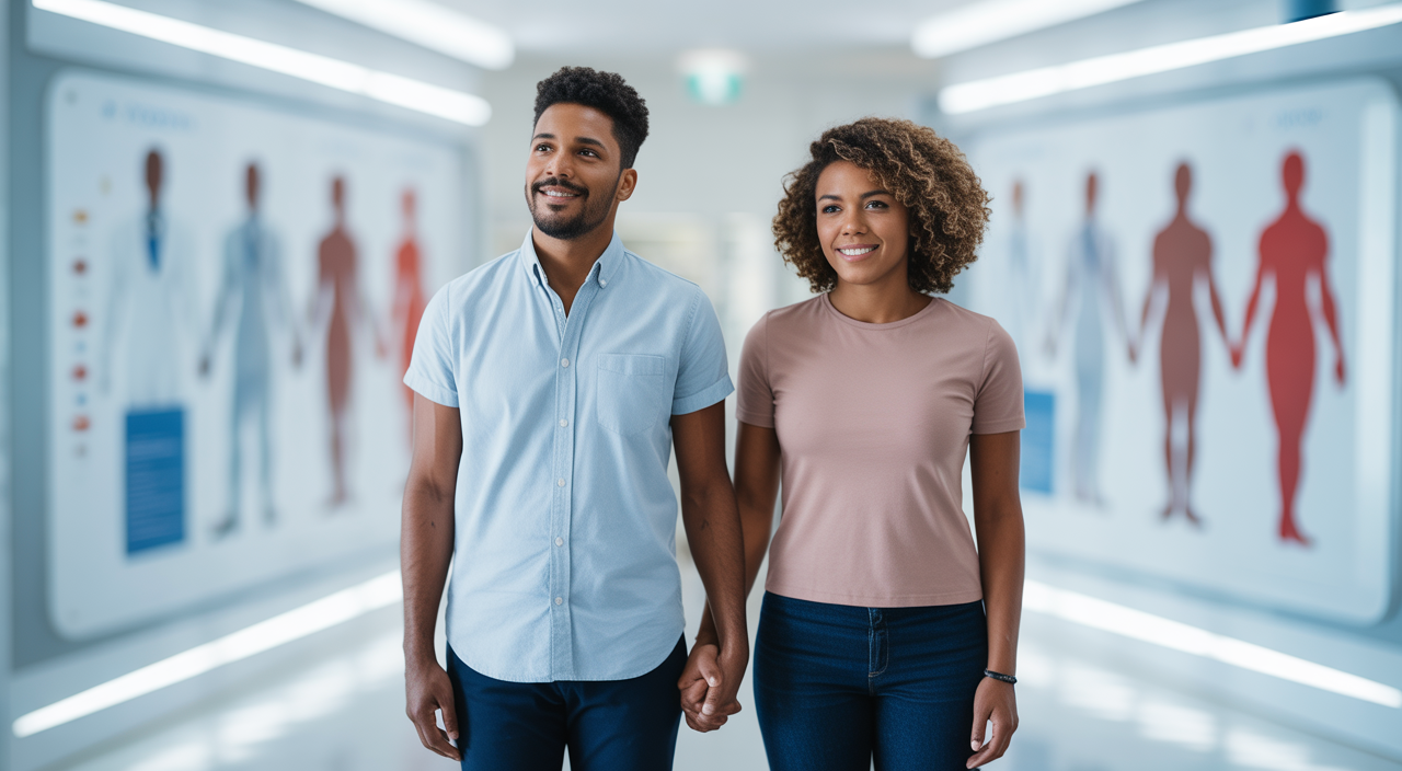 An LGBTQ+ couple, two women, holding hands and looking hopeful, symbolizing the journey to parenthood with an inclusive fertility clinic.