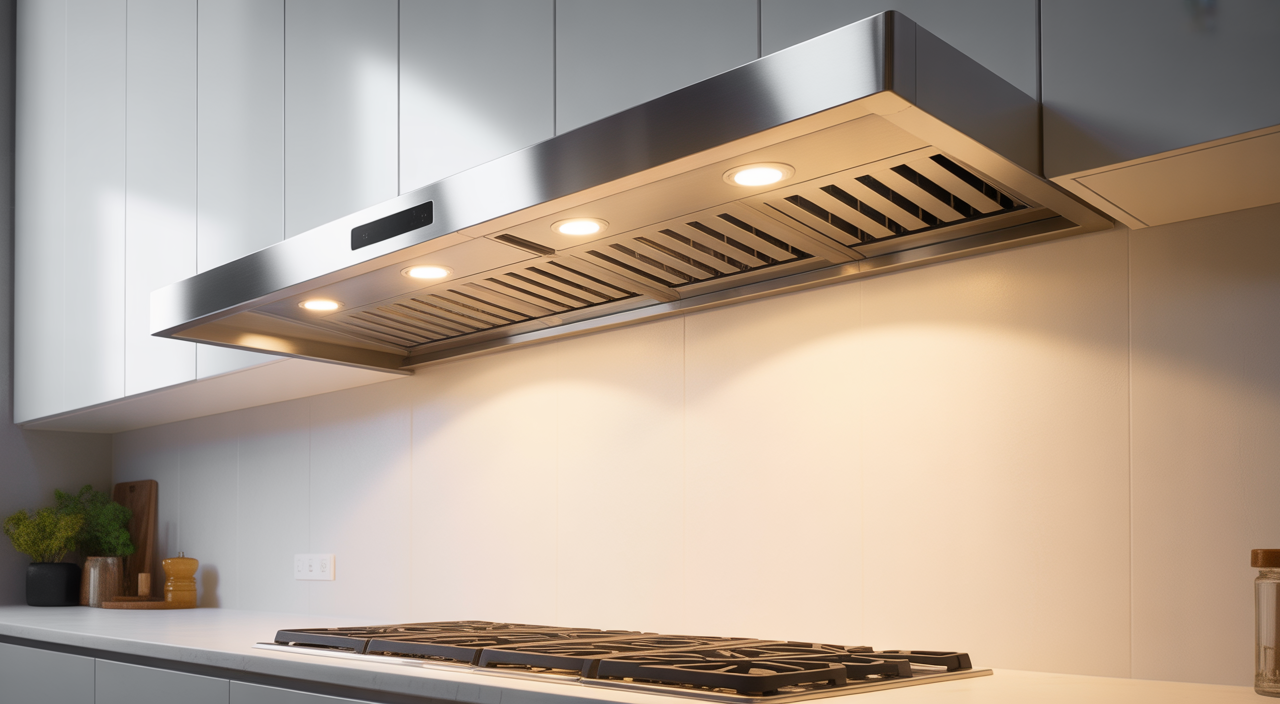 A modern and clean kitchen featuring a sleek, professional-grade exhaust hood above a stovetop.