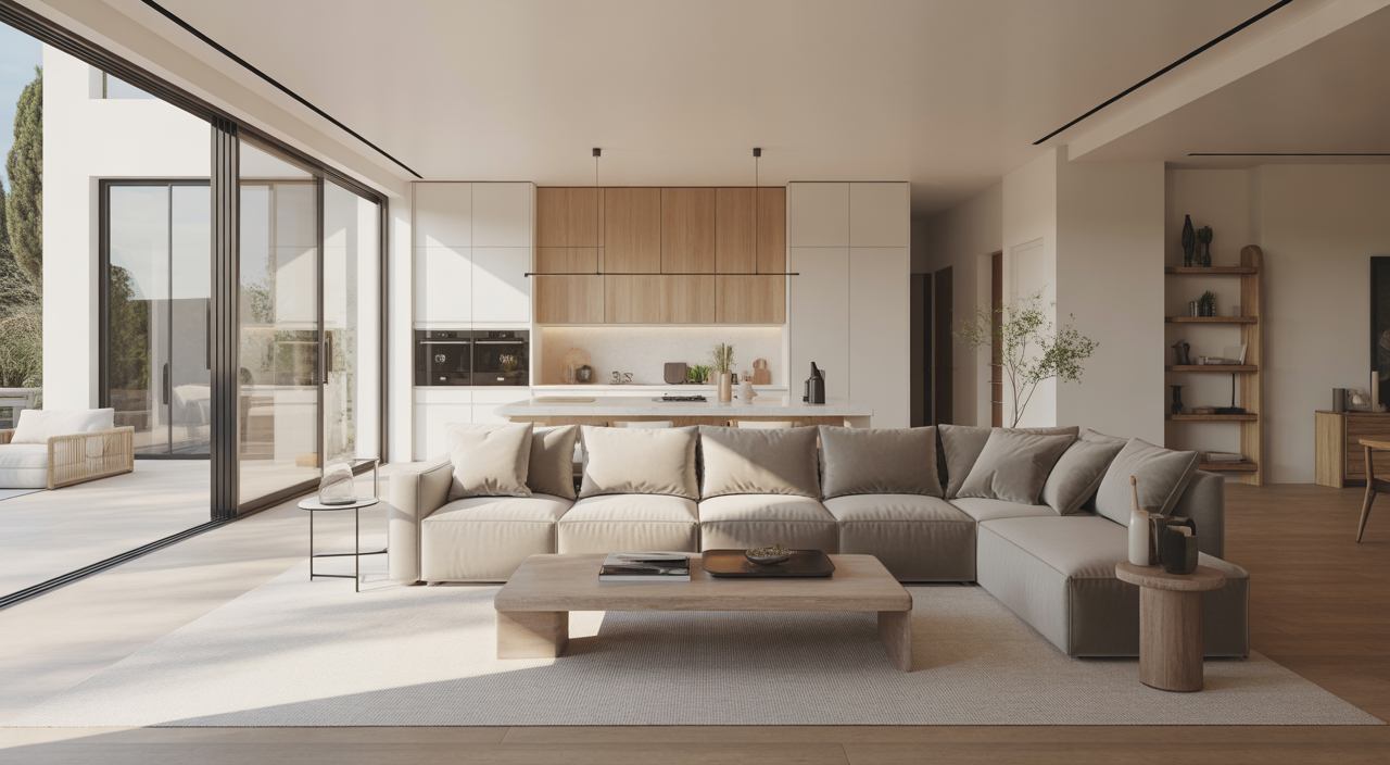 Modern home interior design with open-plan living, natural light, minimalist furniture, and clean lines