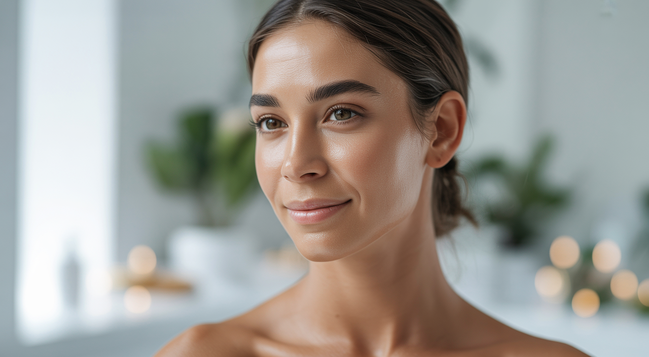 Close-up of a woman with radiant, clear, and healthy skin after a professional facial.