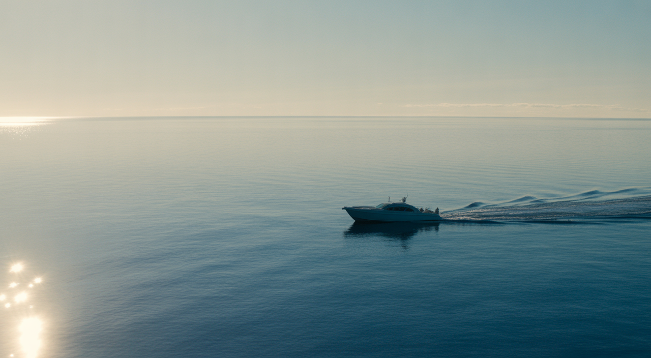 Serene wide-angle photograph of the Pacific Ocean with a small vessel on the horizon at golden hour, symbolizing a peaceful burial at sea.