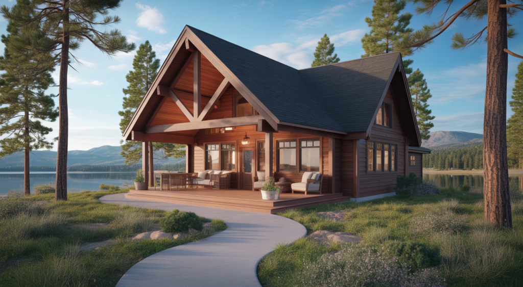 Luxury cabin rental exterior in Big Bear Lake surrounded by pine trees with lake view
