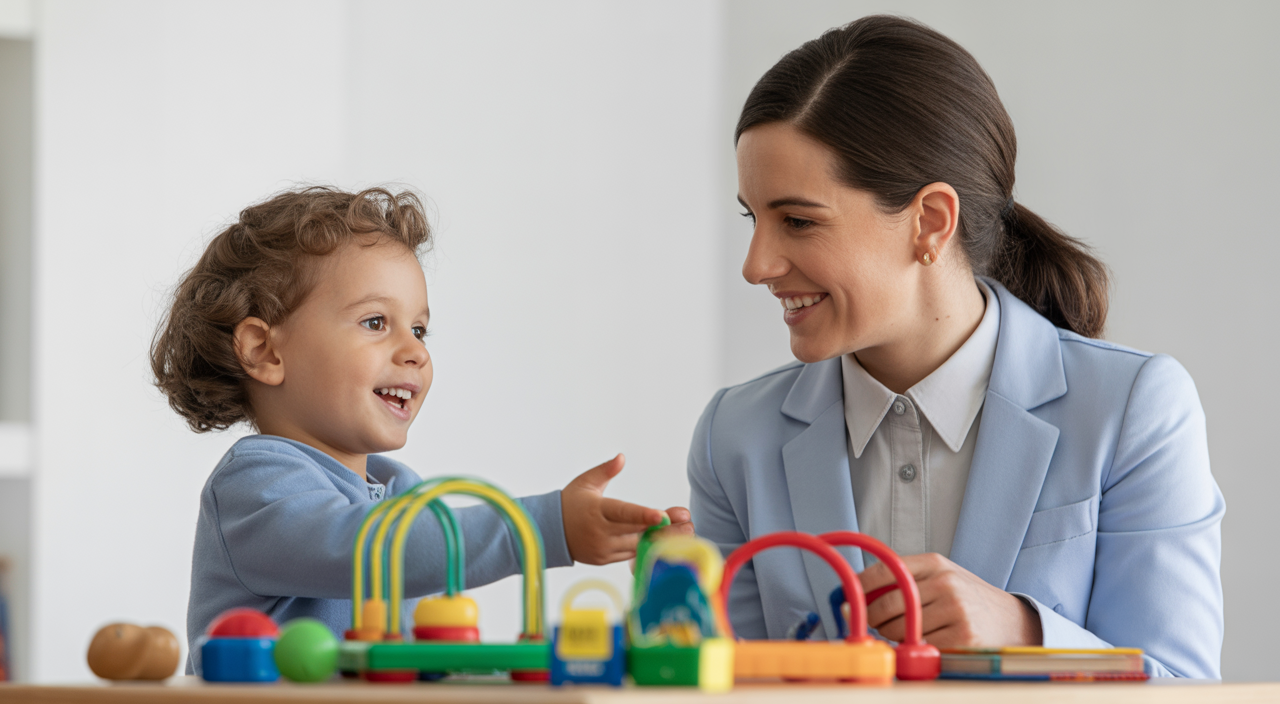 Child with therapist engaged in playful learning for ABA therapy