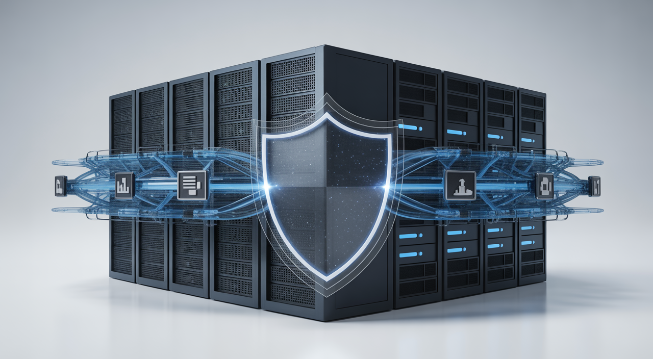 A stylized shield protecting digital data and cloud infrastructure, representing legal security for a SaaS business.
