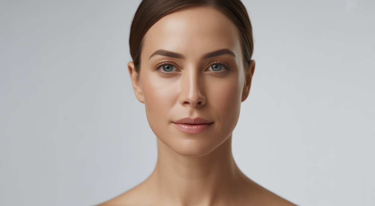 Professional photograph of a woman with a balanced, naturally radiant face after aesthetic treatments, representing facial harmony and confidence.