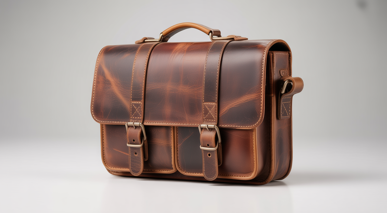 Vintage brown leather messenger bag with natural patina on white background