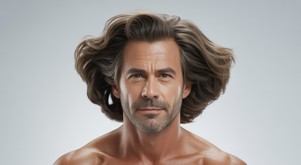 Photorealistic image of a confident middle-aged man with thick natural hair representing the results of a sapphire hair transplant