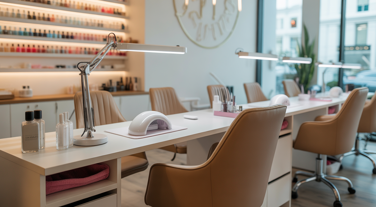 Modern professional nail salon interior with manicure station and clean, stylish setup against white background