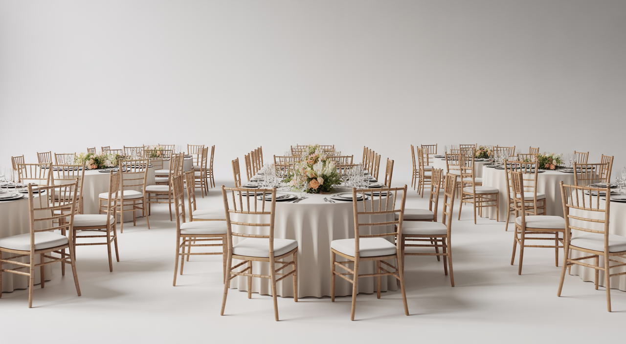 Elegant event setup with coordinated chairs, tables, and linens for a wedding or corporate event on a clean neutral background