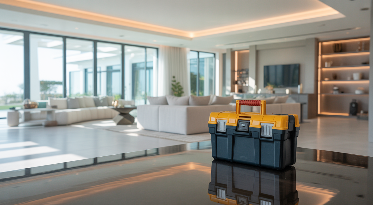 Modern luxury villa interior in Dubai, showcasing a well-maintained and serene living space, representing property upkeep and peace of mind.