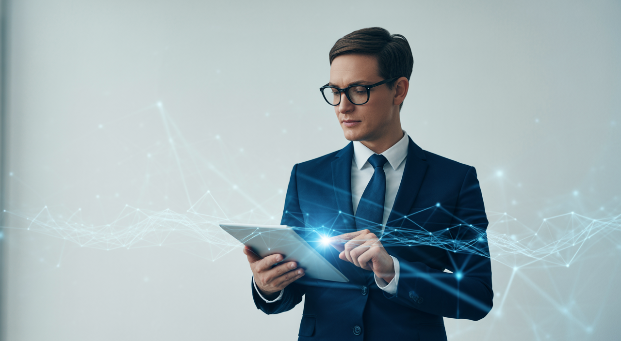 Photorealistic image of a professional cybersecurity consultant with digital network graphics on a neutral background illustrating cybersecurity consulting in Canada
