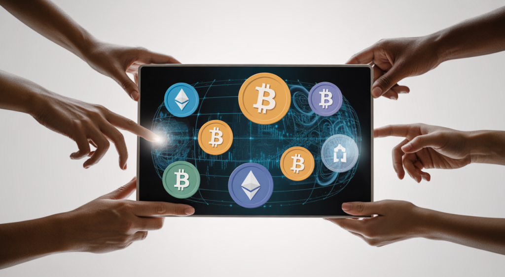 Hands interacting with a futuristic digital screen displaying cryptocurrency symbols and market data, representing the process of choosing a crypto exchange.