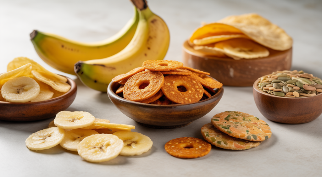 Assorted preservative-free Tamil snacks including banana chips, murukku, and seed mixes arranged on a white background