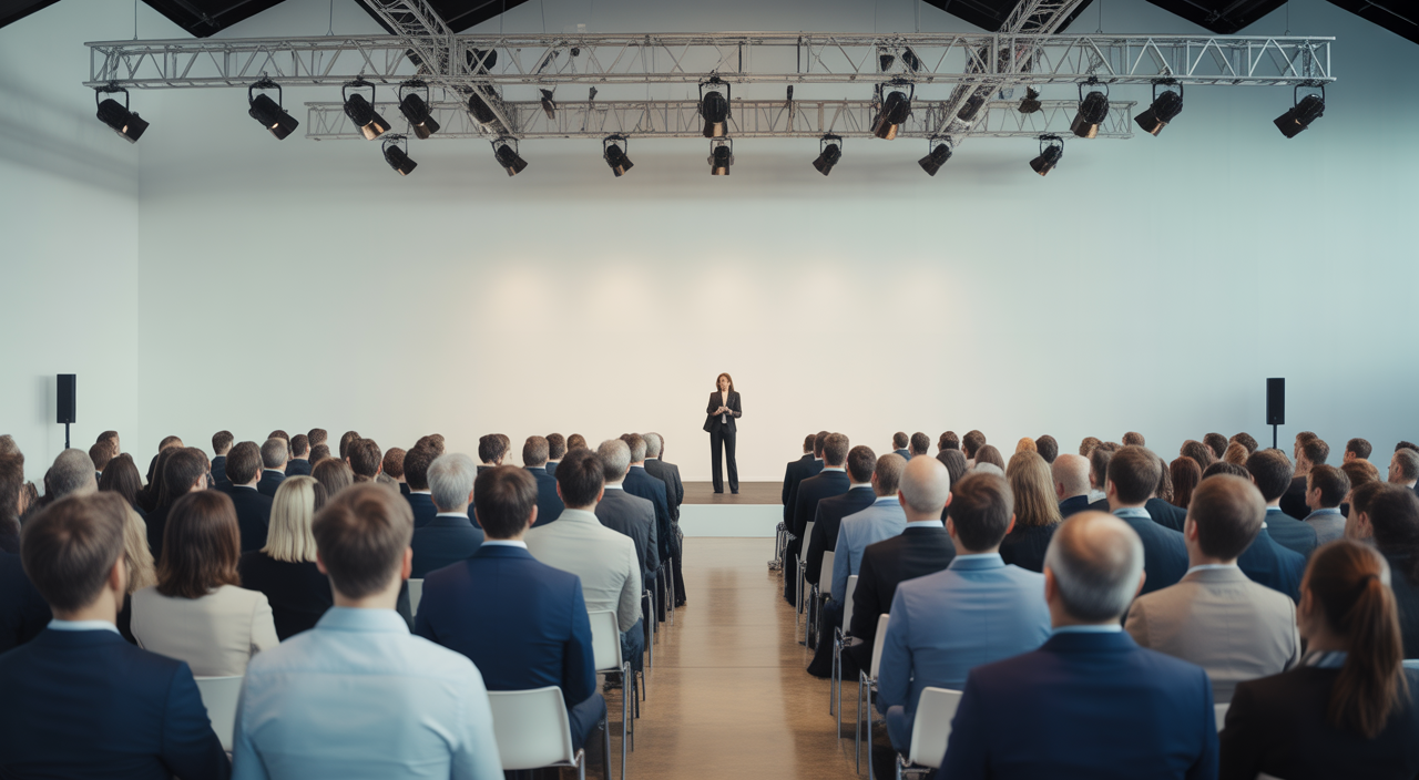 Photorealistic image of a corporate event with engaged audience and professional stage setup