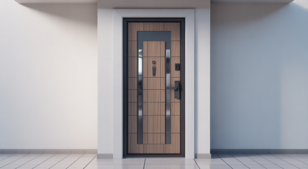 Modern steel security door at residential entrance showcasing strength and stylish design