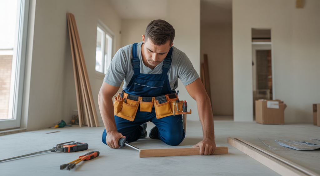 Photorealistic image of a professional handyman performing home repairs with tools, clean neutral background