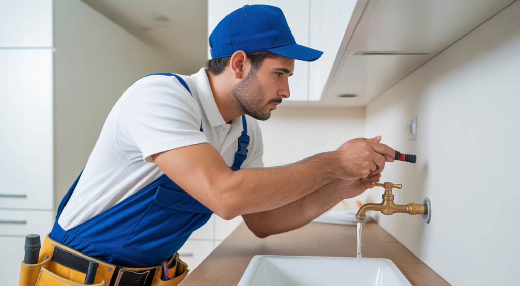 Hero image of a professional handyman fixing a leaking tap in a modern home setting