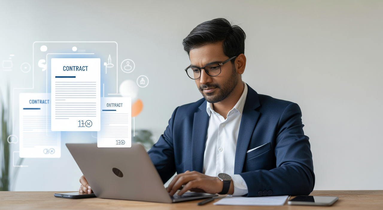 Indian startup founder working on legal contracts for terms and conditions on a laptop with clean white background