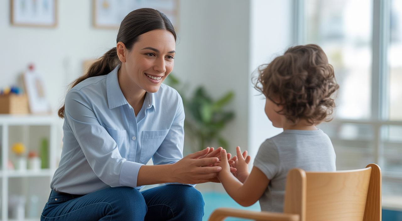 Photorealistic image of a child therapist engaging warmly with a young child during ABA therapy in a bright, modern setting