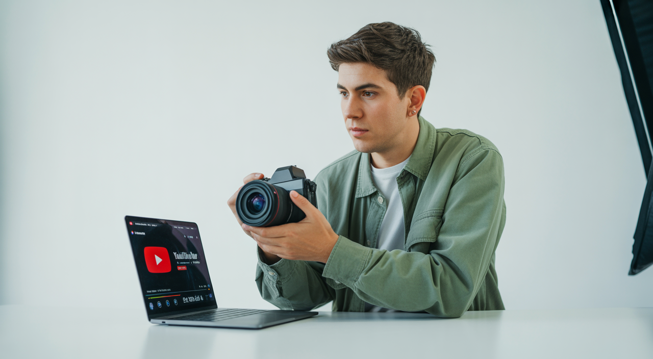 Confident YouTube content creator working on channel growth in a minimalist studio with camera and laptop