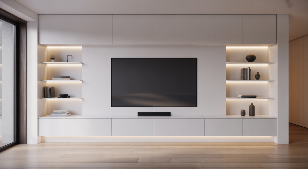 Sleek modern media wall with wall-mounted TV, LED lighting, and minimalistic shelves in a contemporary UK living room setting