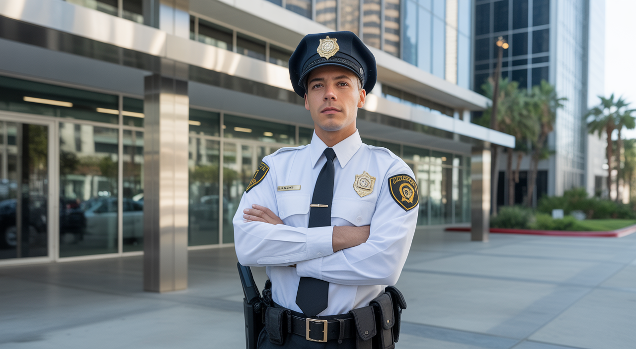 Security guard in uniform standing outside a modern commercial building in Los Angeles with a confident and alert posture