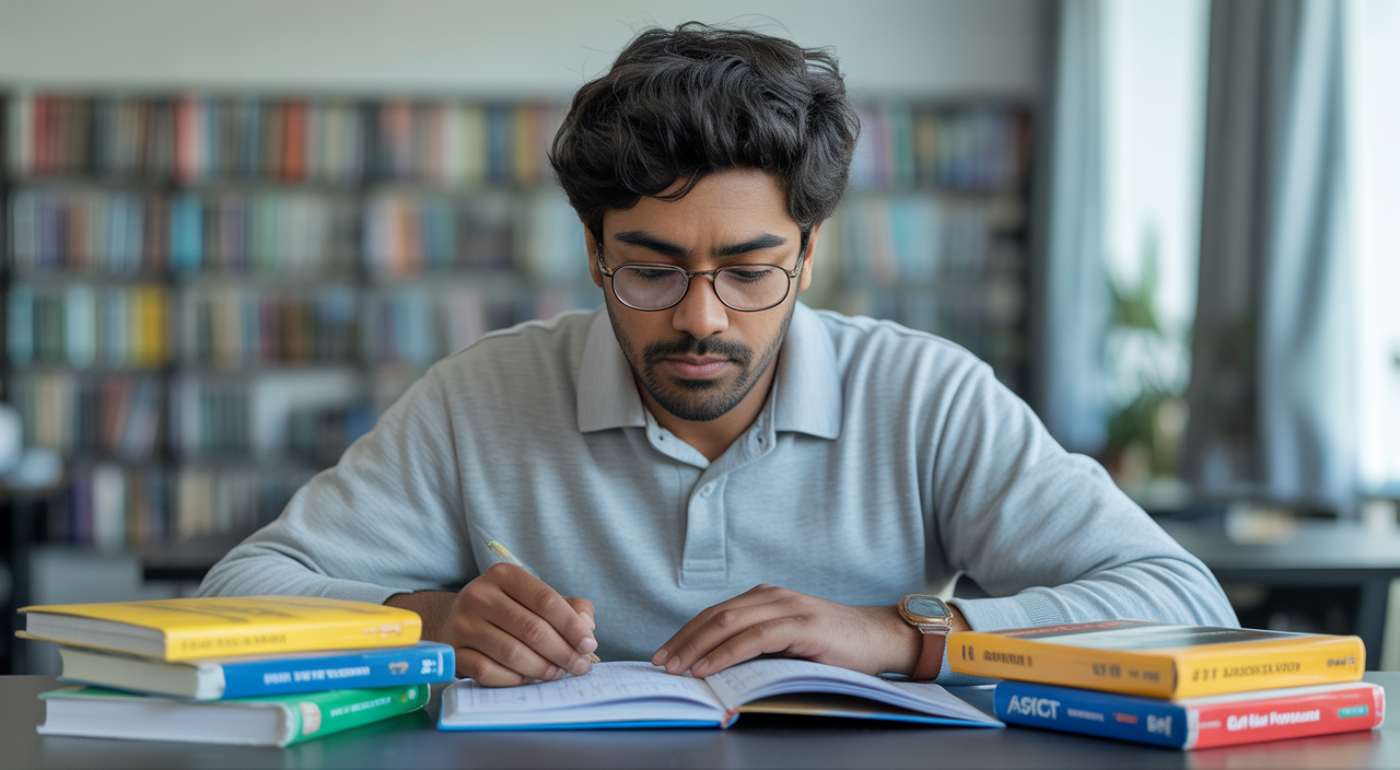 Photorealistic image of an Indian student concentrating on studying ACT and SAT prep materials with clean neutral background
