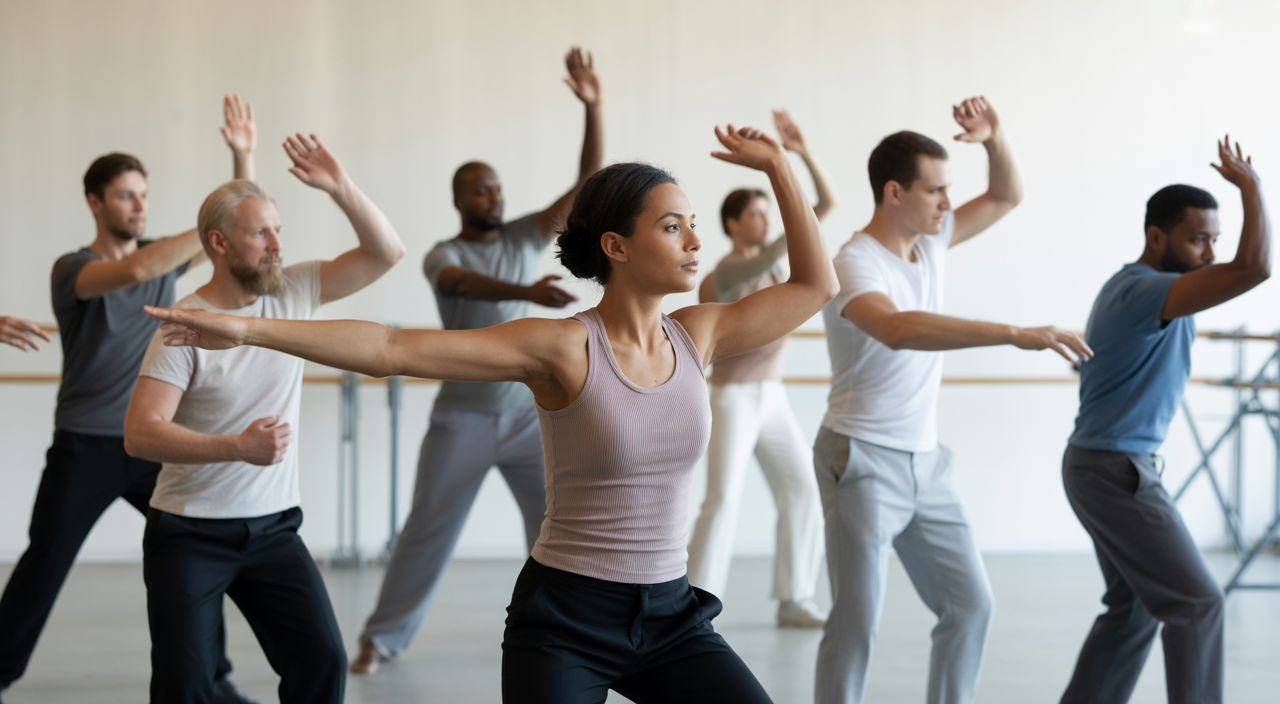Diverse adults enjoying a contemporary dance class in a bright and modern studio in Toronto with professional lighting and a clean background