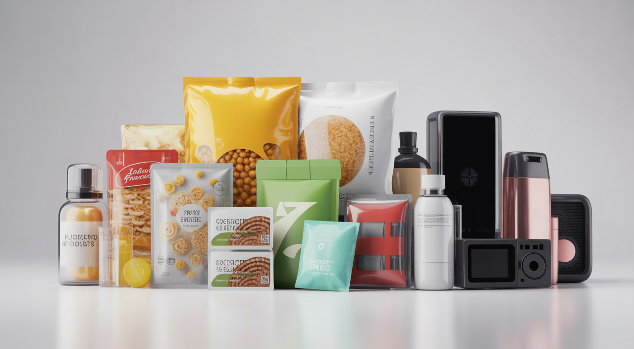 High-quality hero image of assorted pre-packaged consumer products showcasing packaging for LMPC compliance
