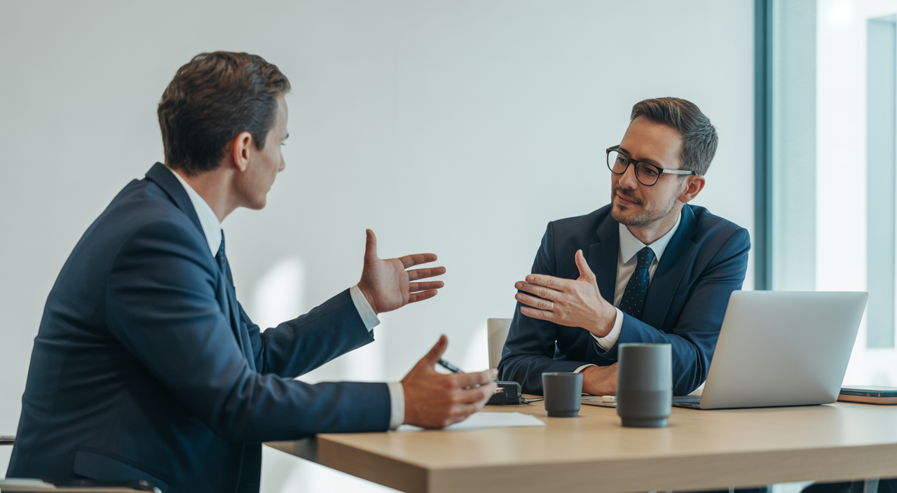 Photograph of a professional meeting between a SaaS agreements lawyer and startup founder discussing contracts in a modern office
