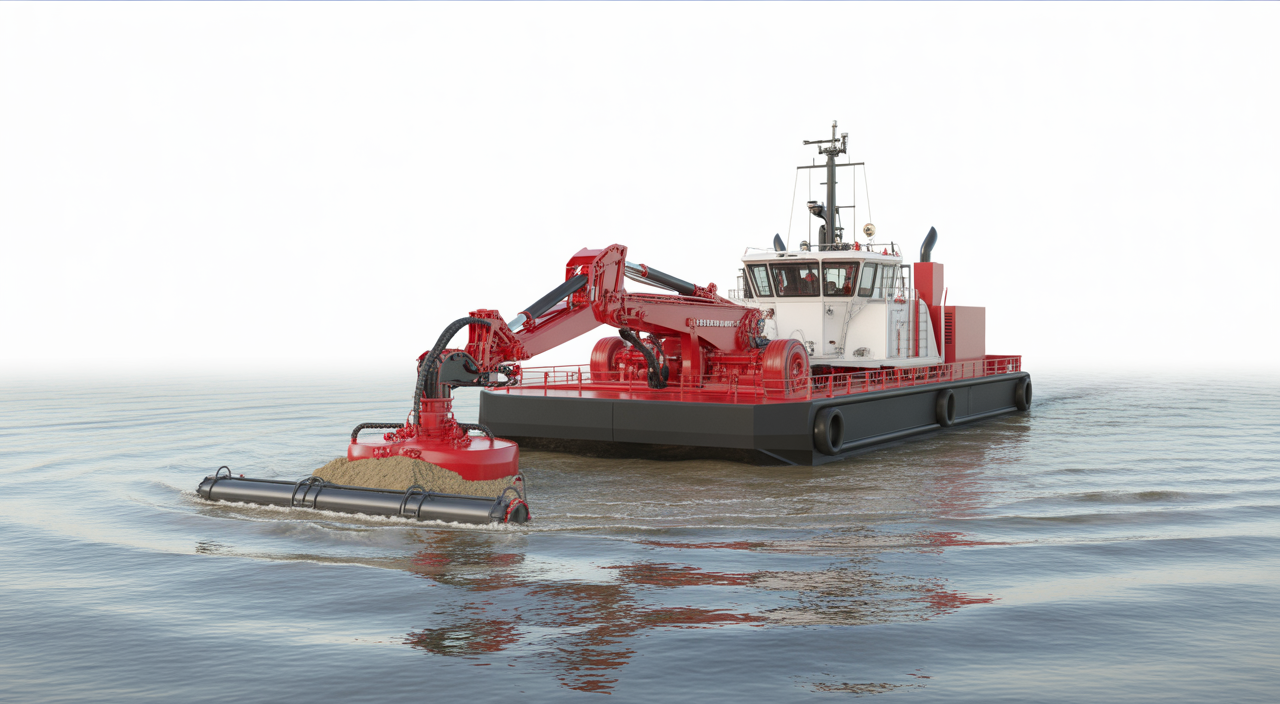 High-resolution photograph of a modern self-propelled cutter suction dredge working on water with visible cutter head and hull