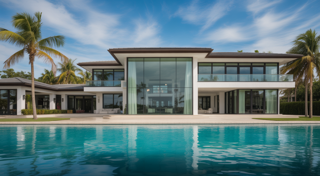 Photorealistic image of a luxury waterfront home in Florida with modern architecture and palm trees in bright sunlight