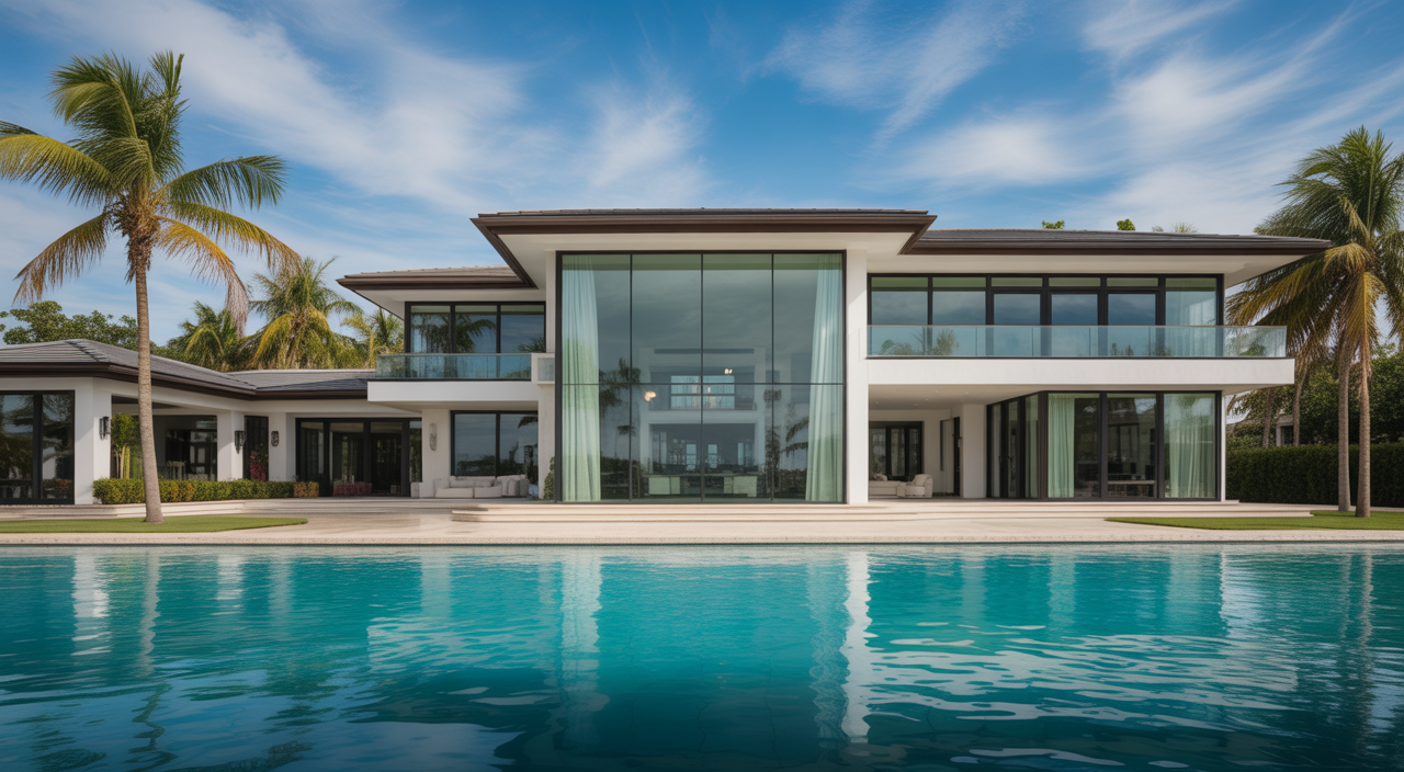 Photorealistic image of a luxury waterfront home in Florida with modern architecture and palm trees in bright sunlight