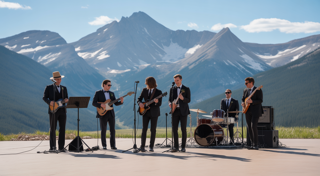 Photorealistic image of a live wedding band performing in a scenic Colorado mountain outdoor venue with snow-capped peaks and clear sky