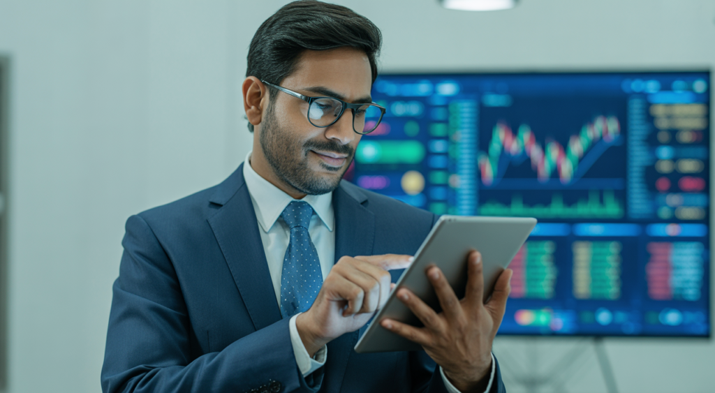 Confident Indian investor reviewing stock market data on a digital tablet in a modern setting with clean white background