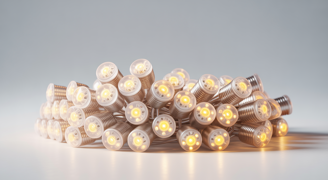 Close-up photorealistic image of glowing mini LED lights on a clean white background