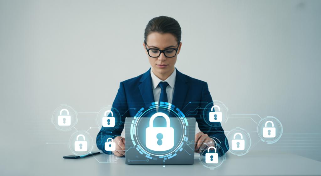 Photorealistic image of a business professional engaged in cybersecurity consulting with digital security elements, representing cybersecurity consulting in Canada